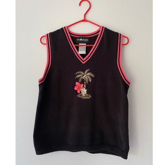 90s vintage black tropical palm tree embroidered knit sweater vest cotton top - Picture 1 of 8